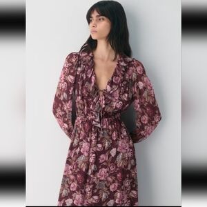 Artizia V ruffly Burgundy Floral Dress Size L